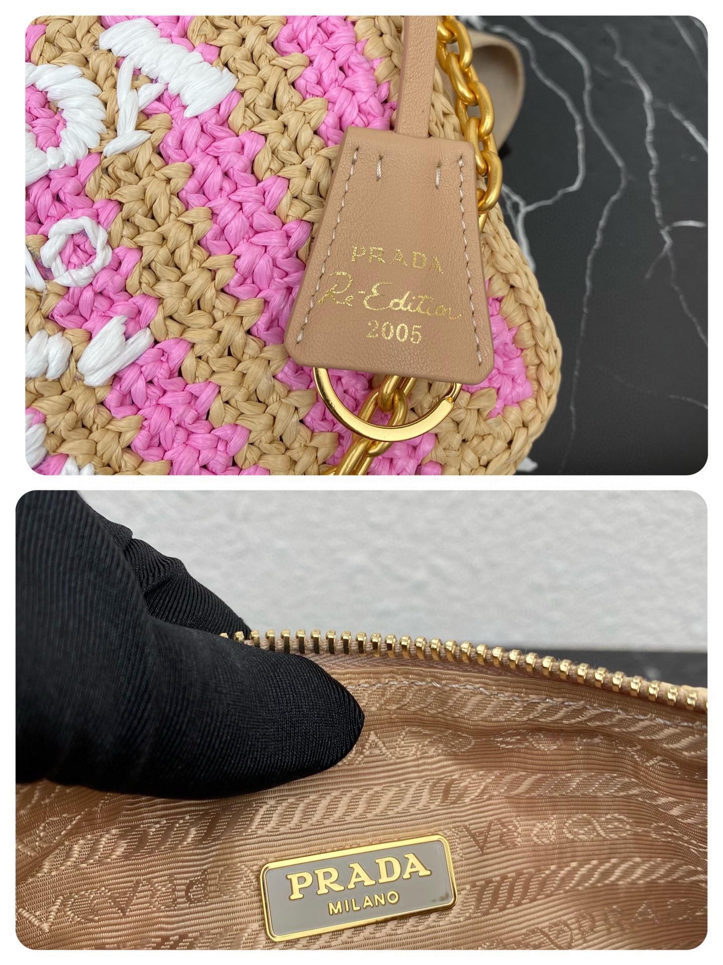 Pra*a re-edition 2005 bag in beige and pink stripe raffia