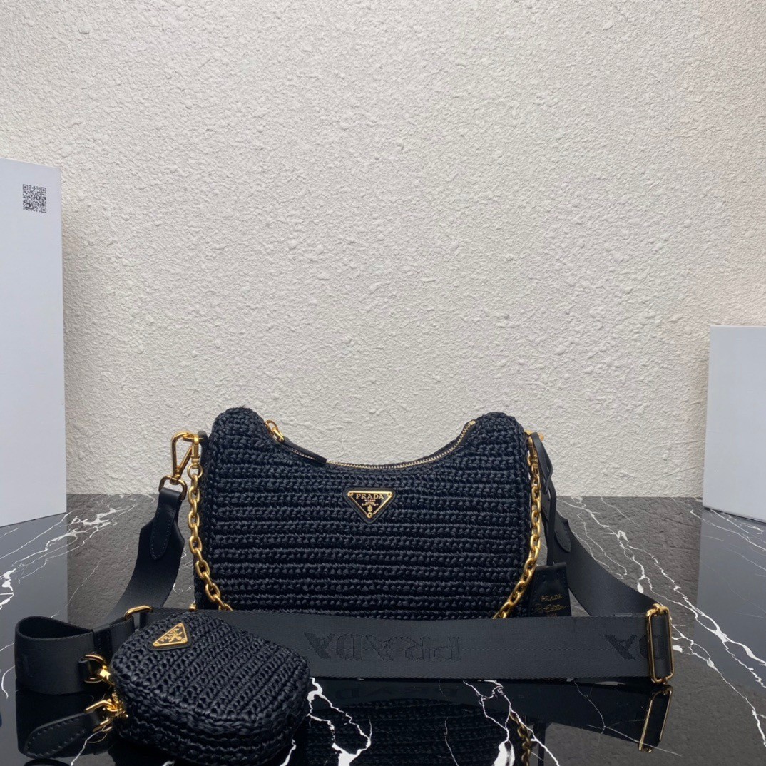 Pra*a re-edition 2005 shoulder bag in black raffia