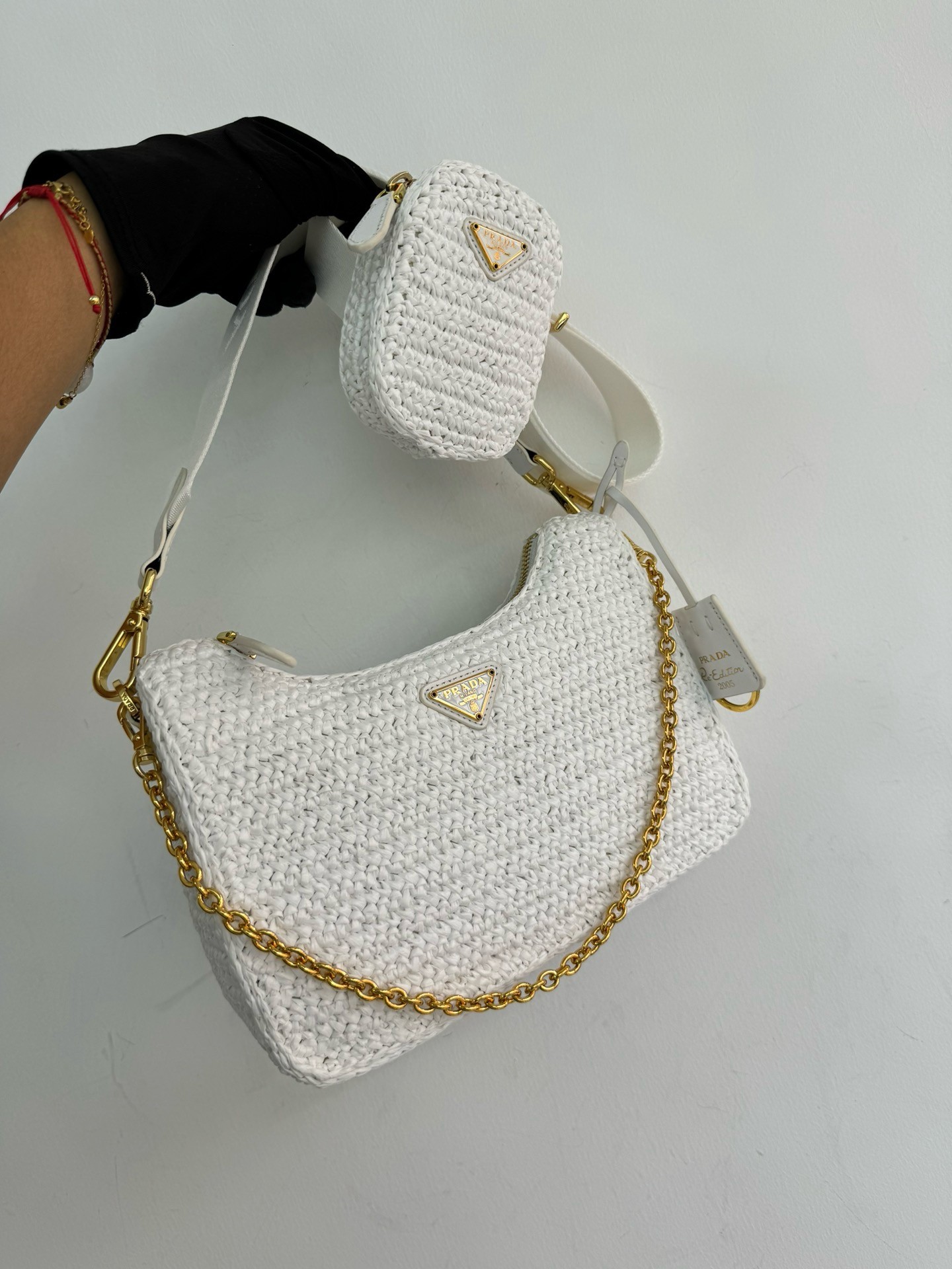 Pra*a re-edition 2005 crochet bag in white raffia