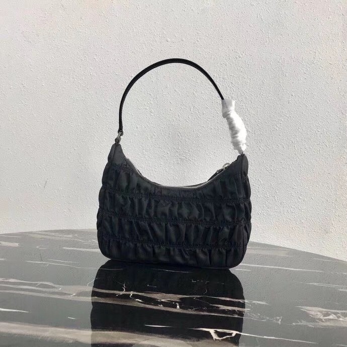 Pra*a mini hobo bag in black nylon and leather