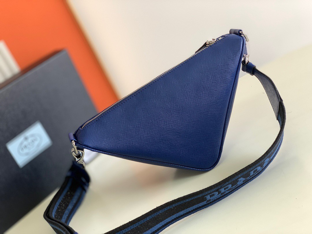 Pra*a triangle shoulder bag in blue saffiano calfskin