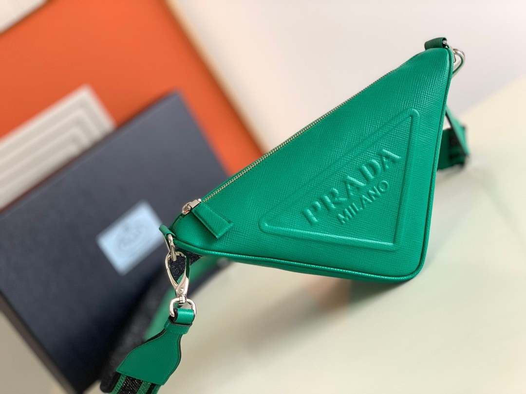 Pra*a triangle shoulder bag in green saffiano calfskin