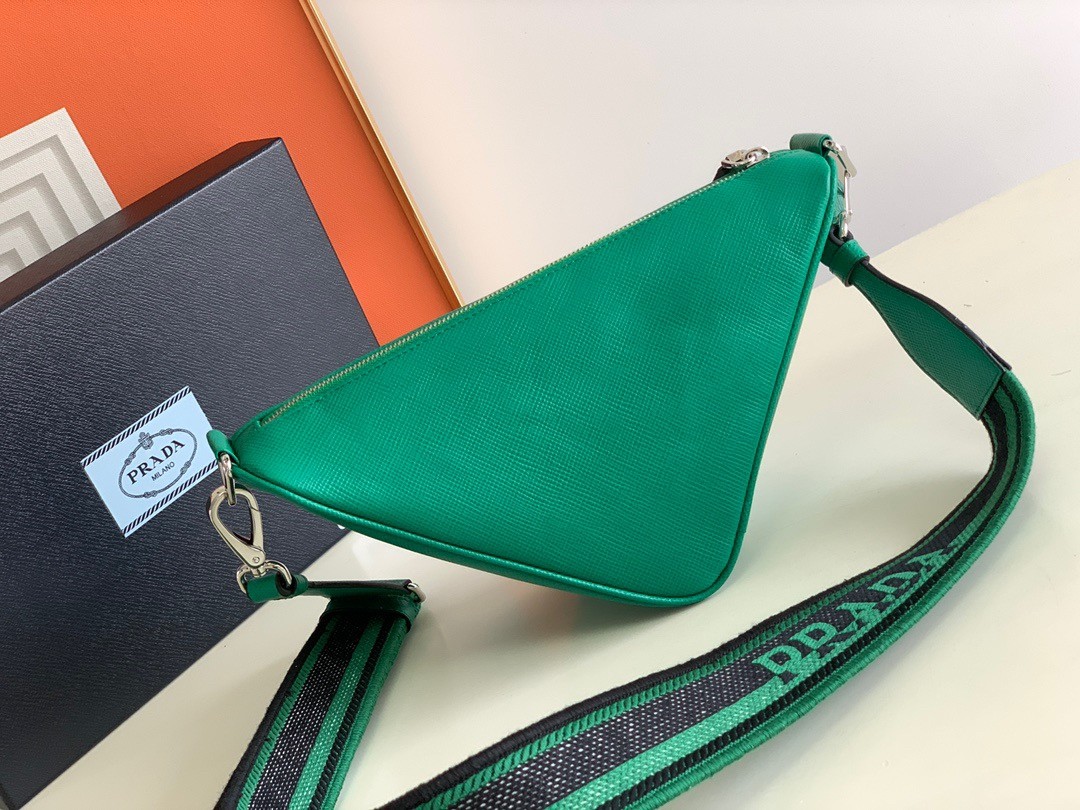 Pra*a triangle shoulder bag in green saffiano calfskin