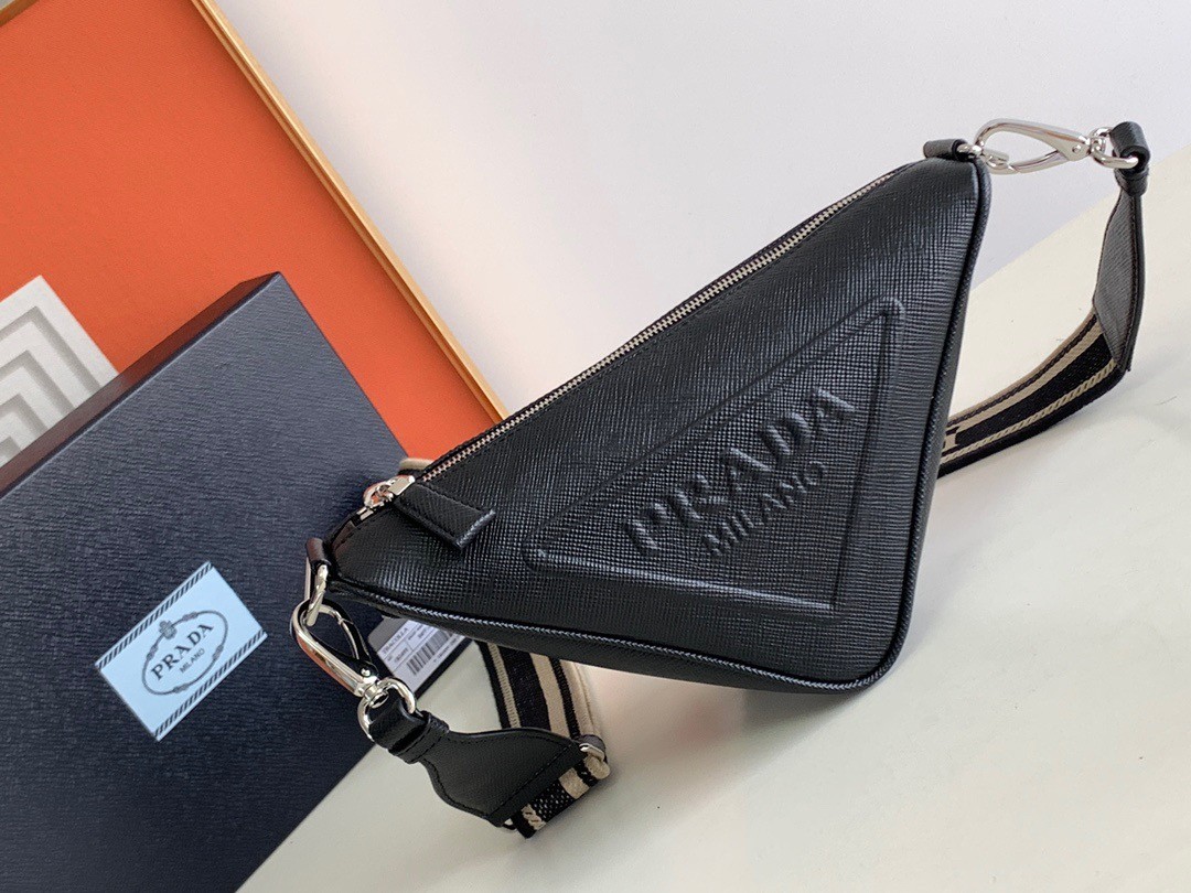 Pra*a triangle shoulder bag in black saffiano calfskin