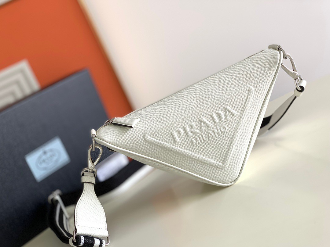 Pra*a triangle shoulder bag in white saffiano calfskin