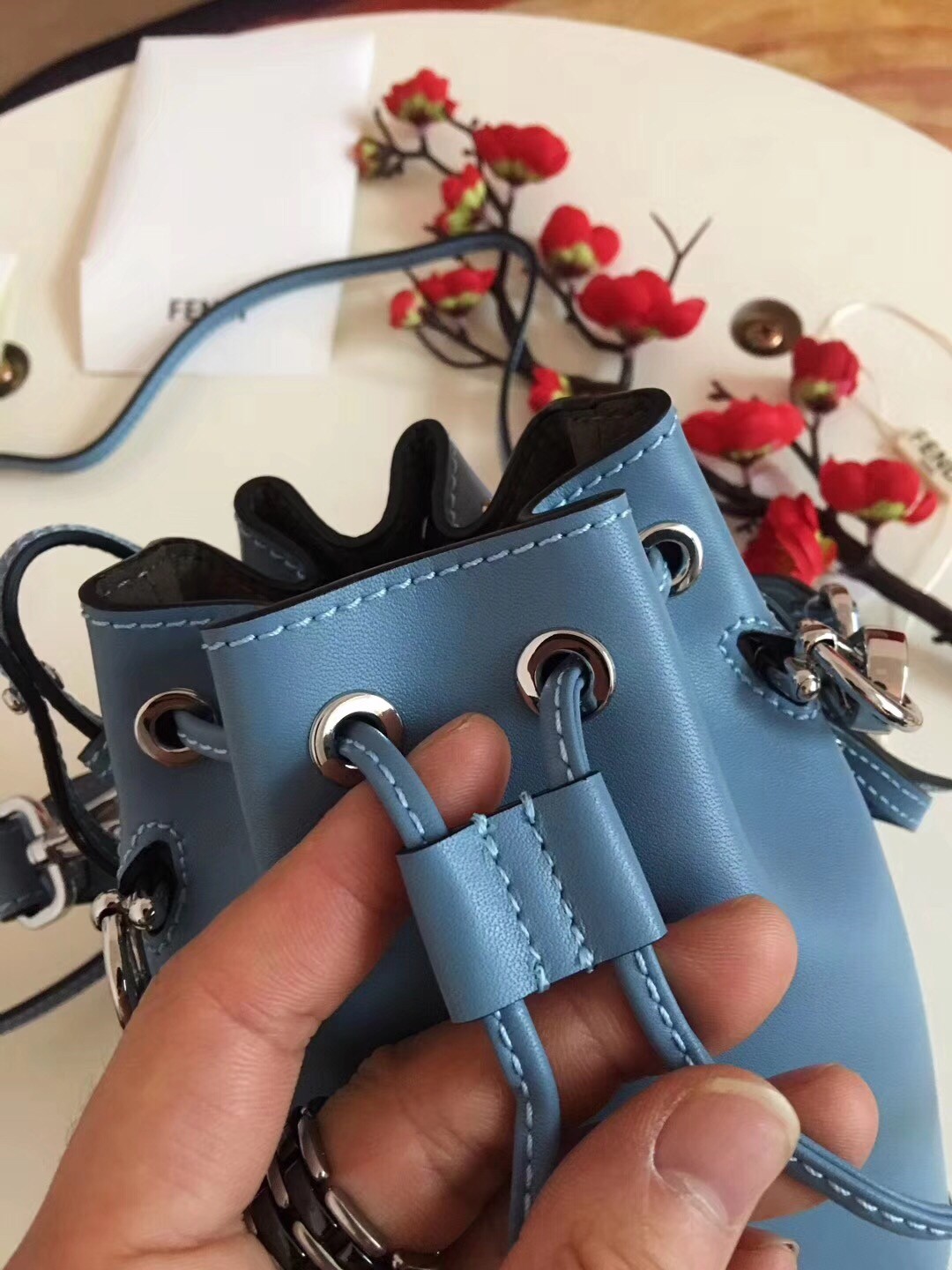F**di mon tresor mini bucket bag in blue calfskin