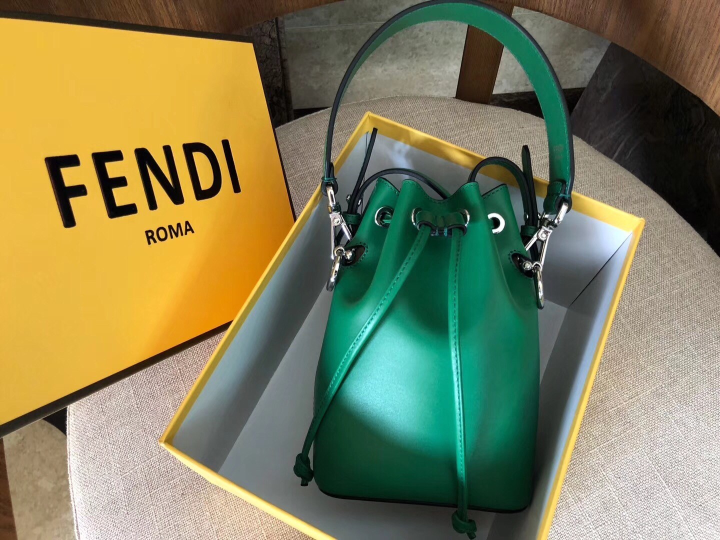 F**di mon tresor mini bucket bag in green calfskin