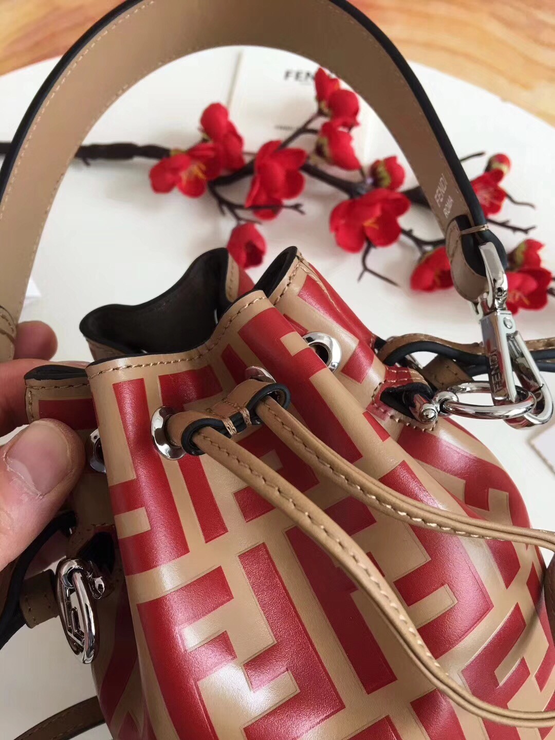 F**di ff mon tresor mini bucket bag in beige calfskin