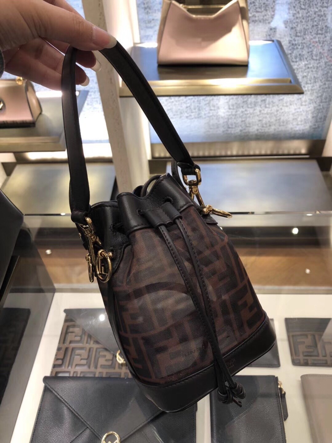 F**di mon tresor mini bucket bag in tech mesh