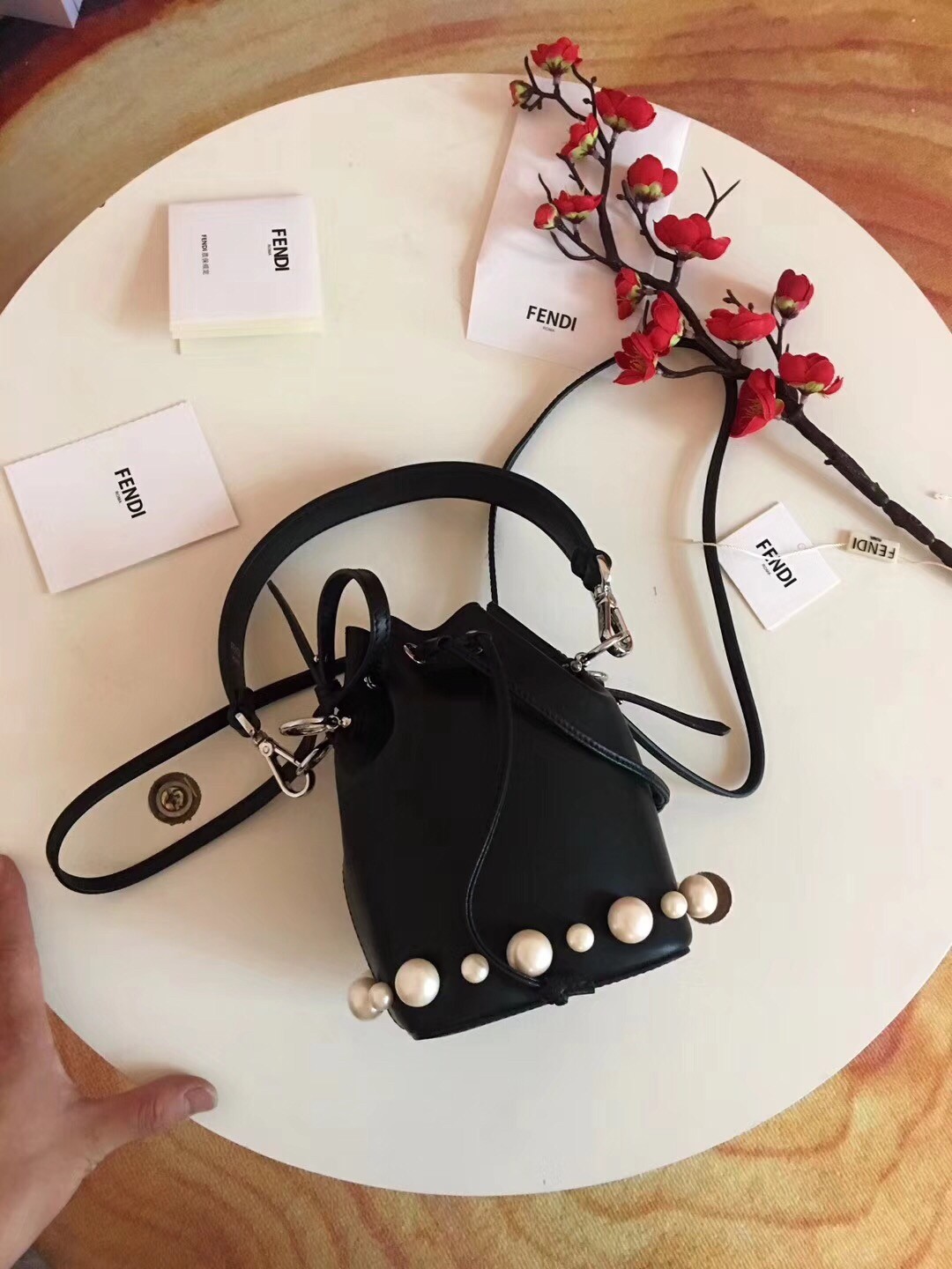 F**di black mini mon tresor pearls bucket bag