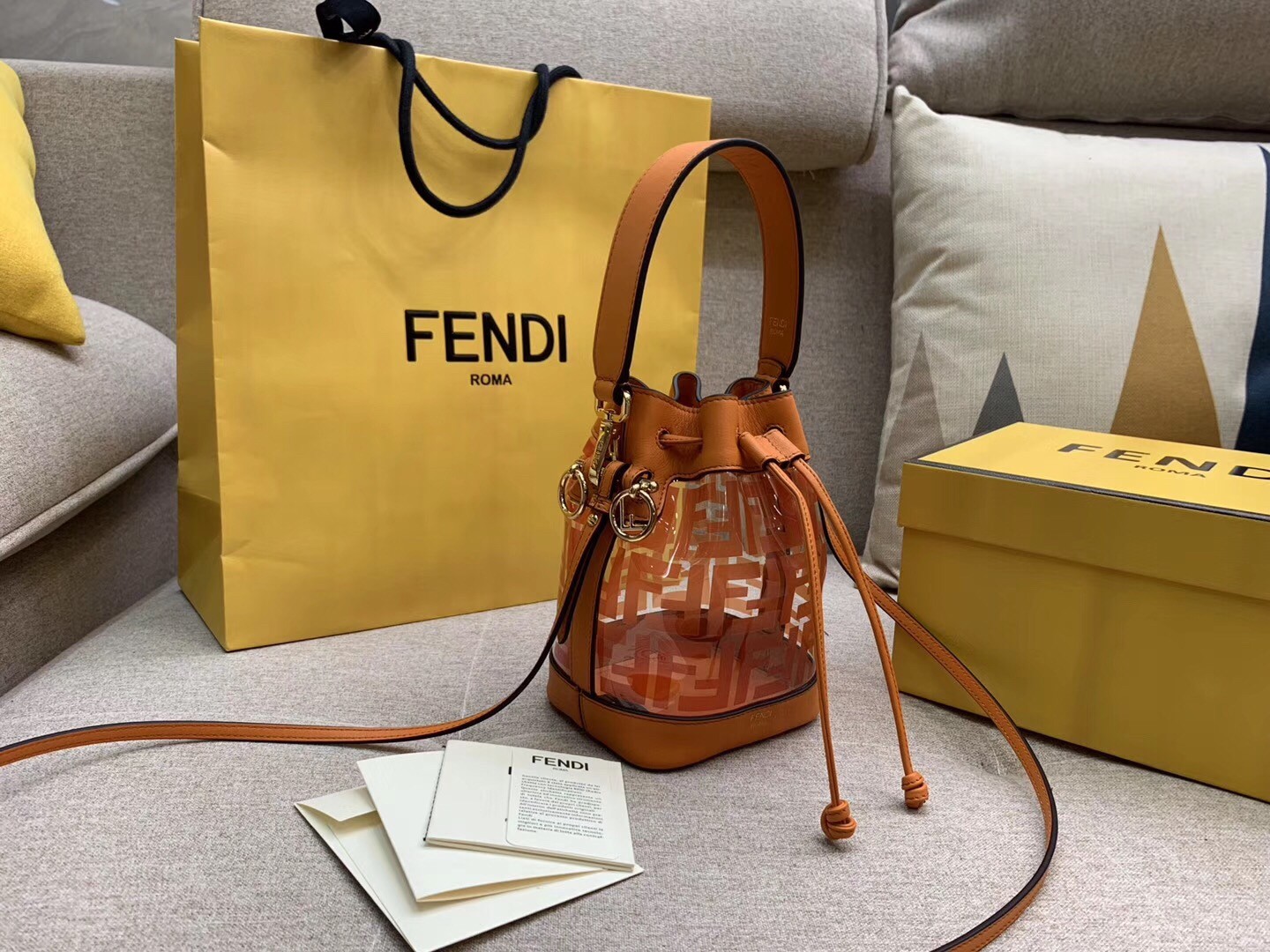 F**di orange mon tresor mini bucket bag in transparent pu
