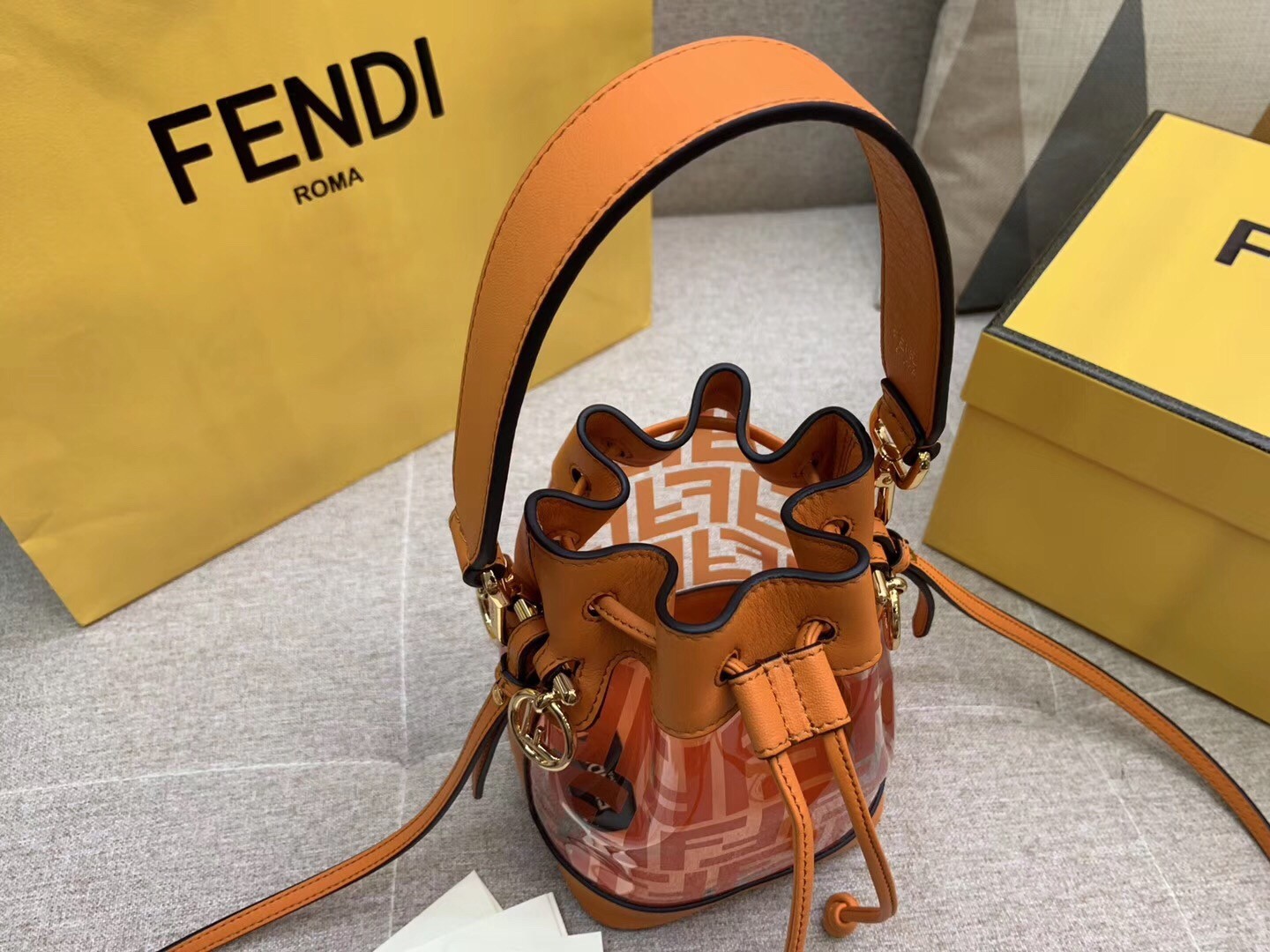 F**di orange mon tresor mini bucket bag in transparent pu
