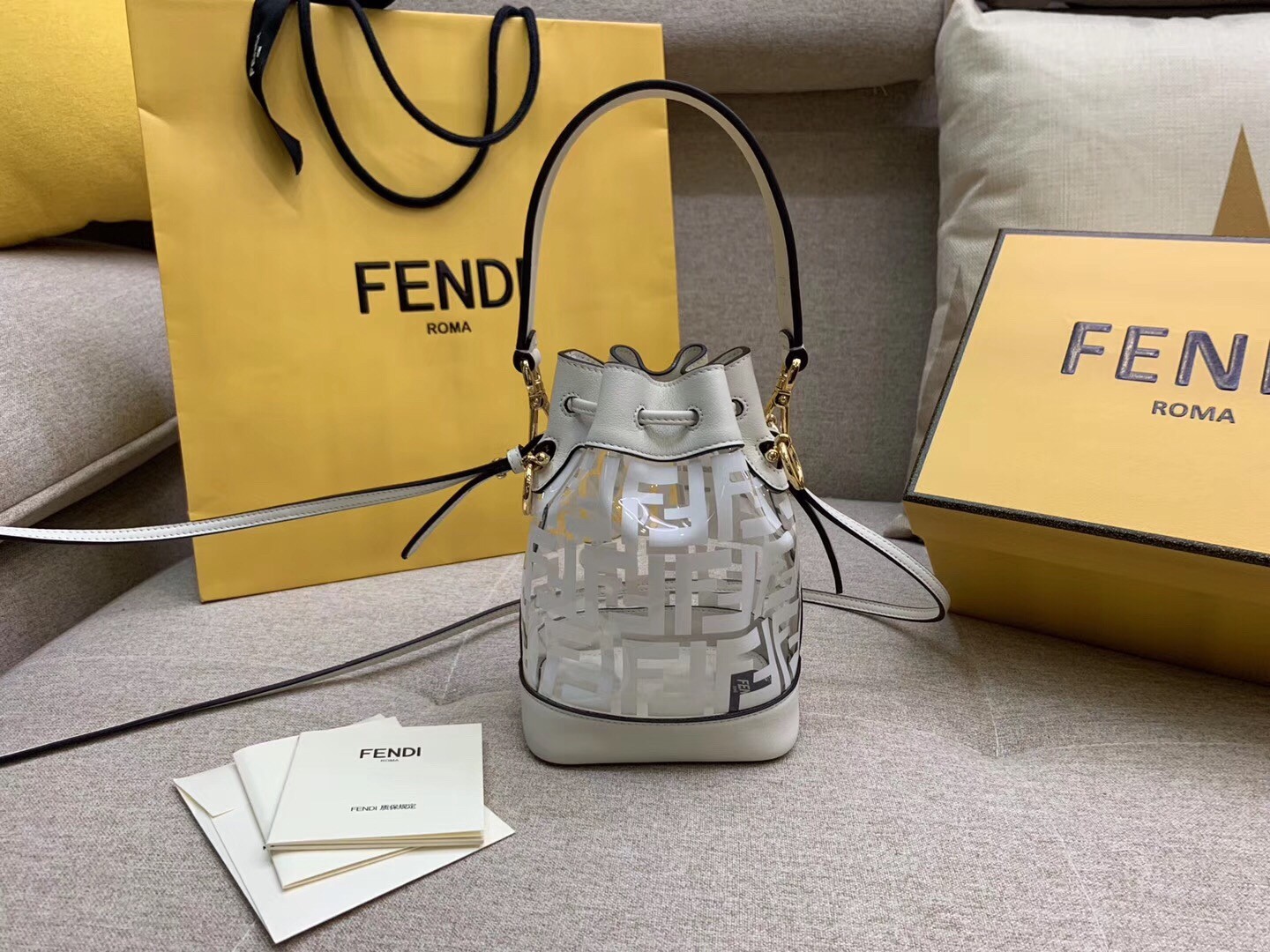 F**di white mon tresor mini bucket bag in transparent pu