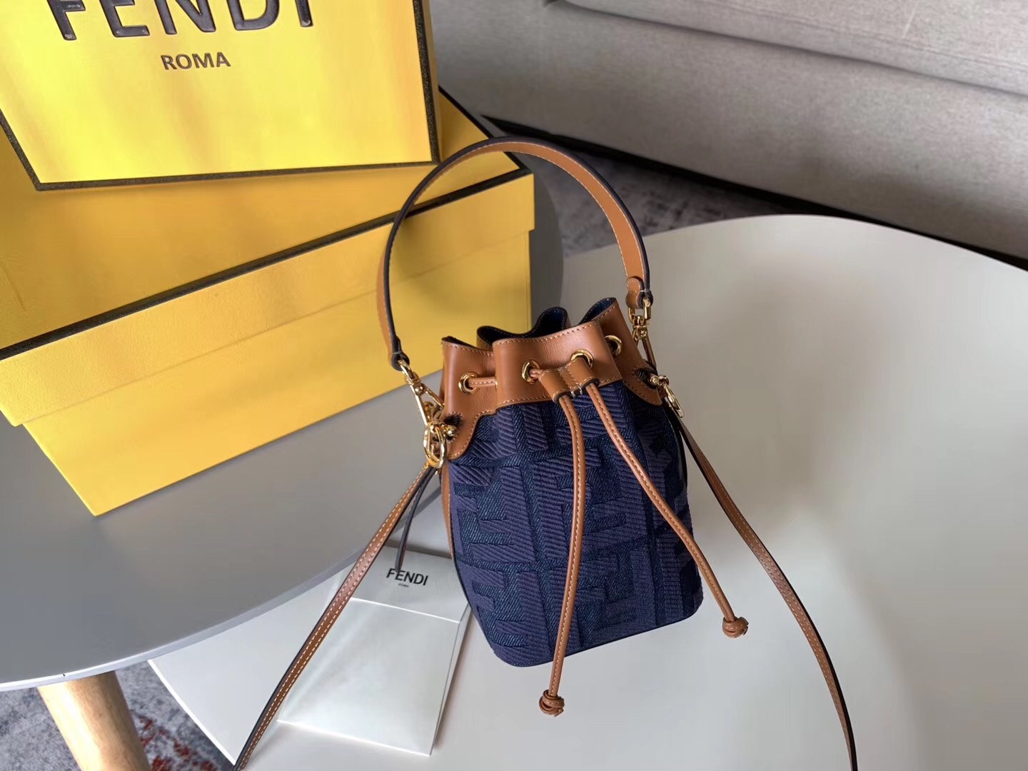 F**di mon tresor mini bucket bag in blue denim