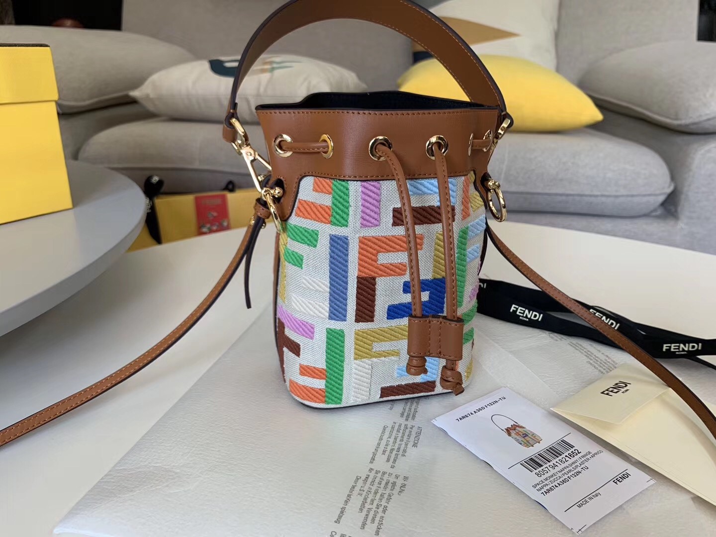 F**di mon tresor mini bucket bag in multicolour canvas