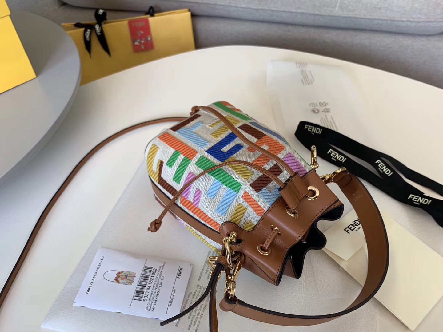 F**di mon tresor mini bucket bag in multicolour canvas