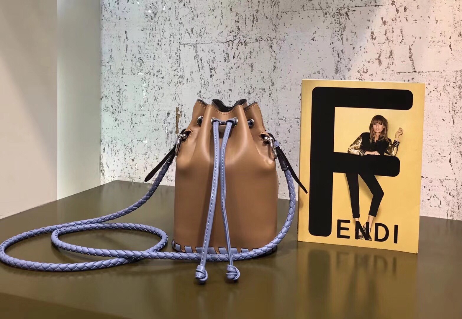 F**di mon tresor mini bucket braided bag in brown calfskin