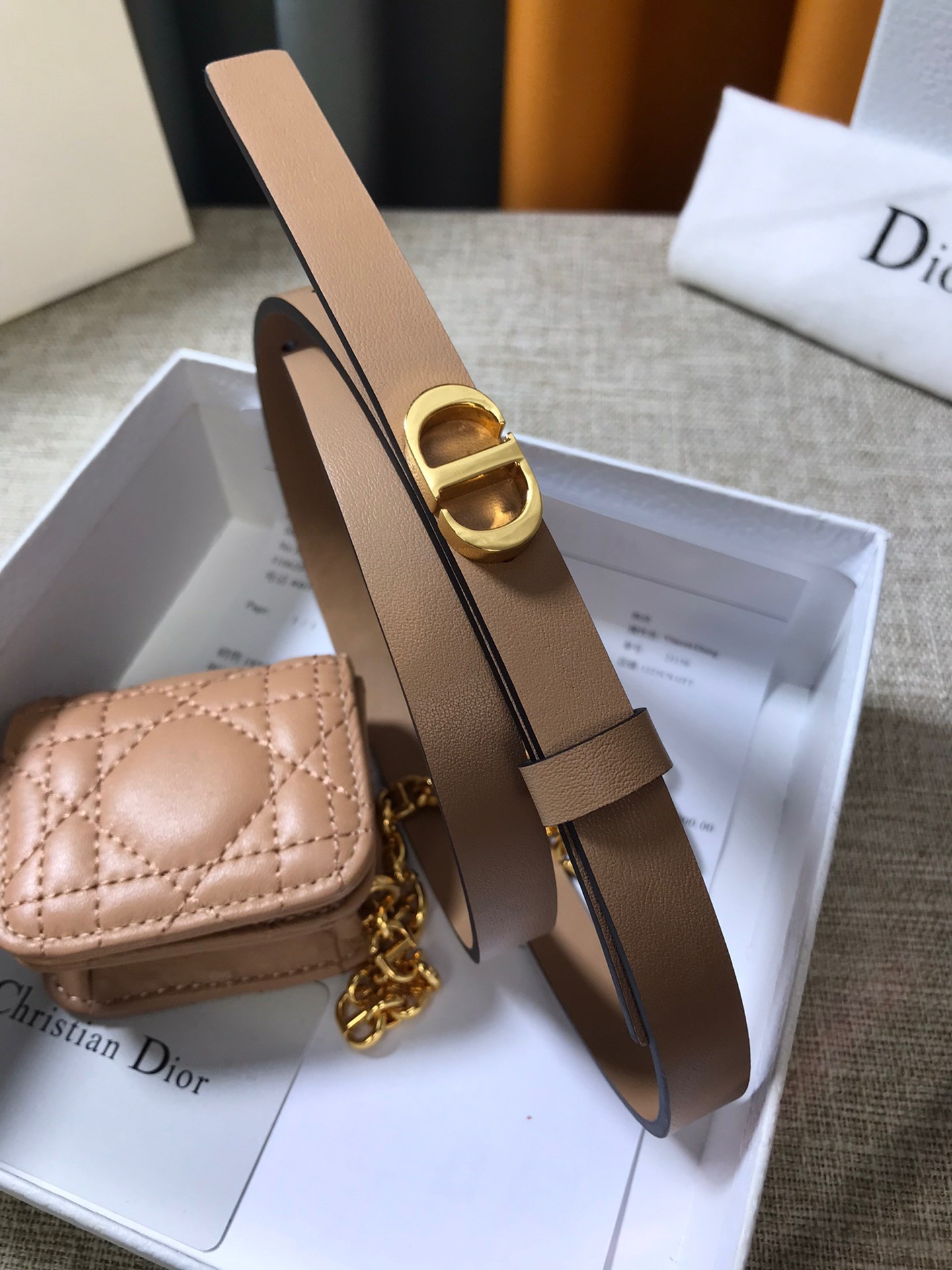 D*or caro 15mm belt with removable pouch in beige calfskin