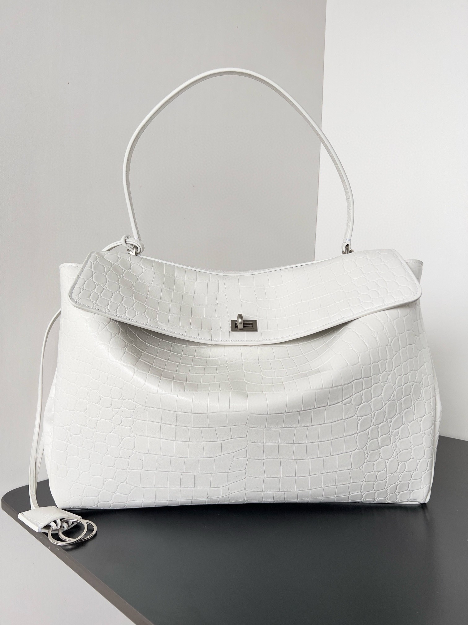 Ba*len*cia*ga rodeo large bag in white crocodile embossed calfskin