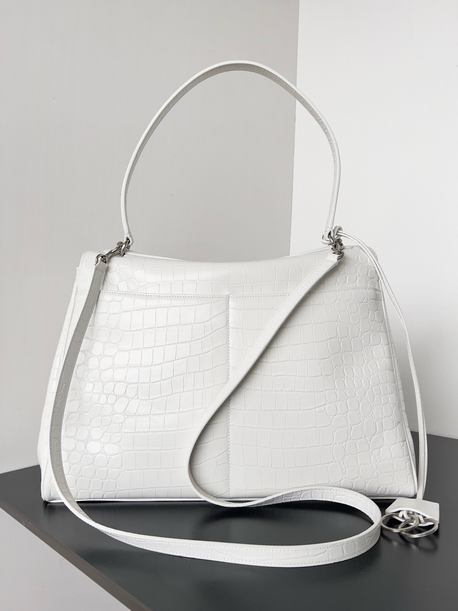 Ba*len*cia*ga rodeo large bag in white crocodile embossed calfskin