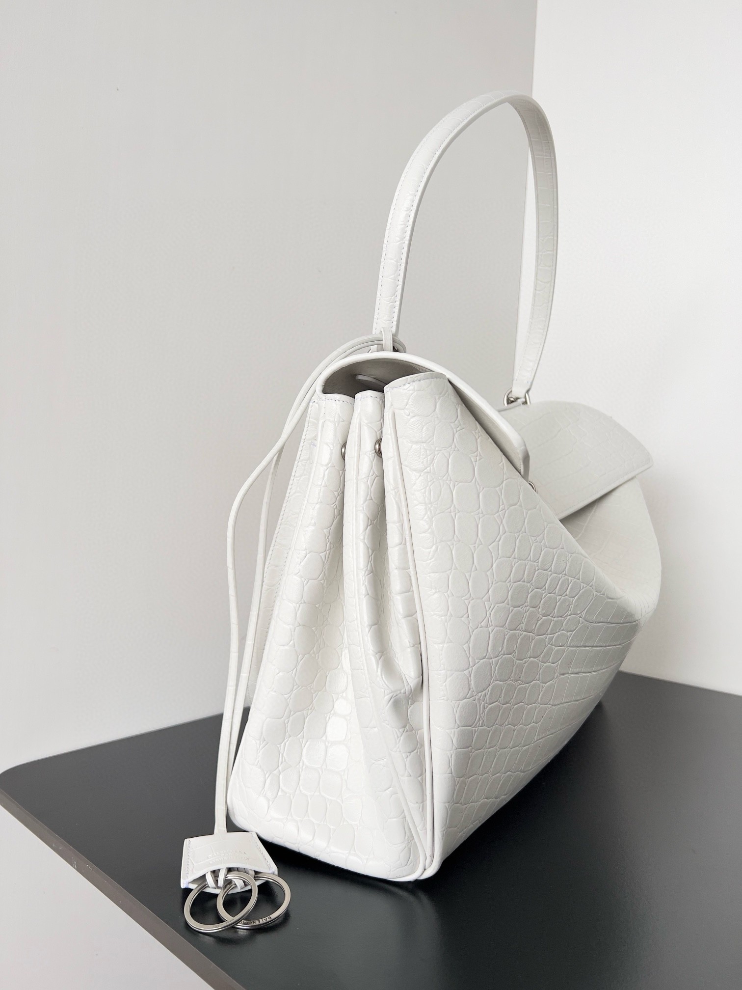 Ba*len*cia*ga rodeo large bag in white crocodile embossed calfskin