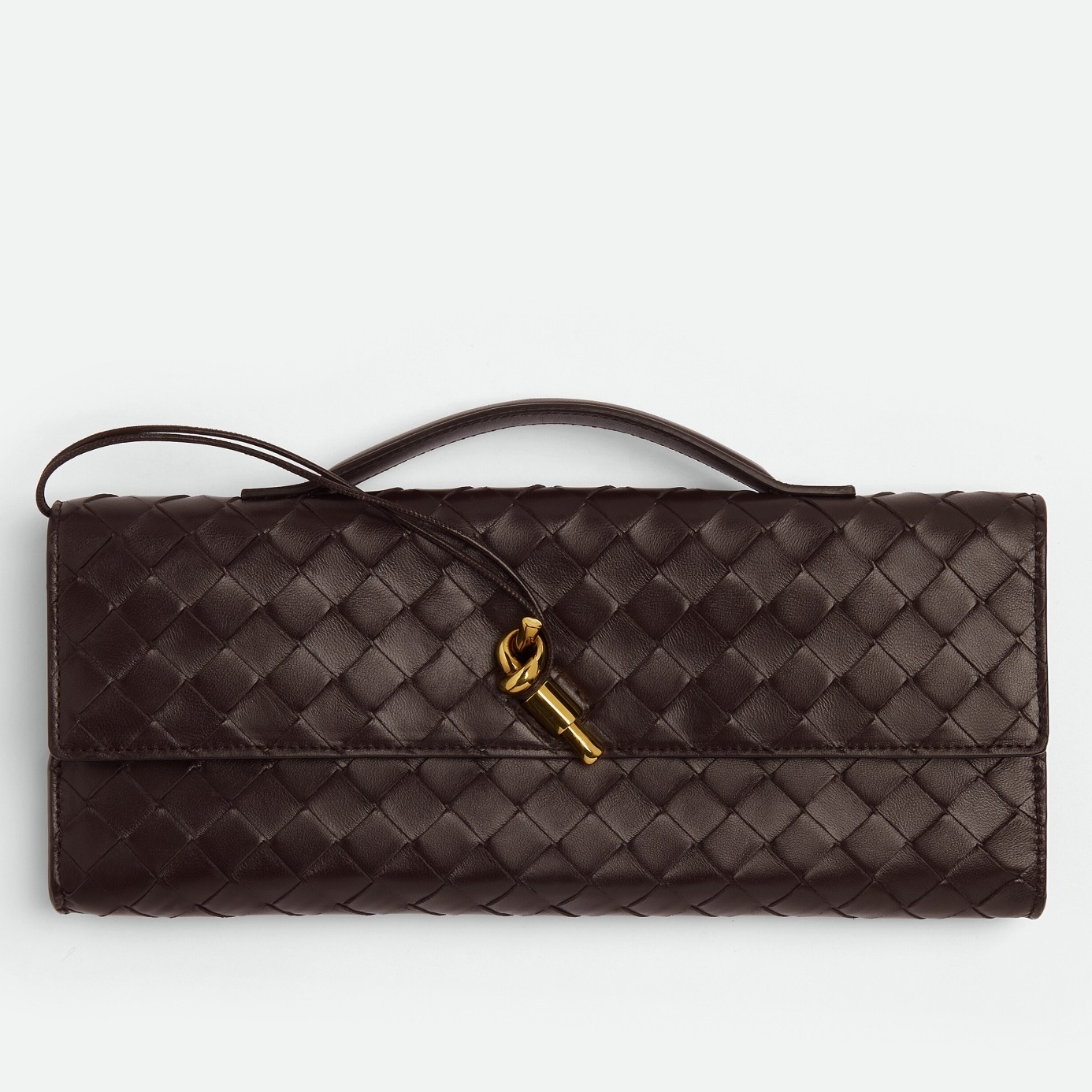 bo*te*ga Ve*ne*ta andiamo clutch with handle in fondant intrecciato lambskin