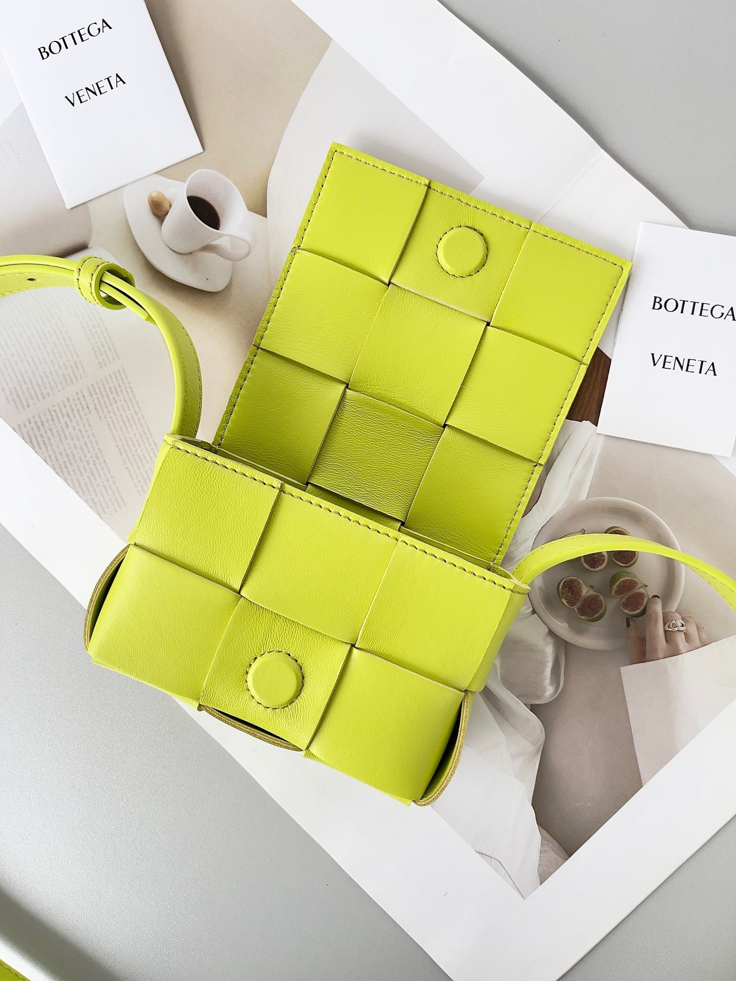 bo*te*ga Ve*ne*ta candy cassette bag in acid kiwi lambskin