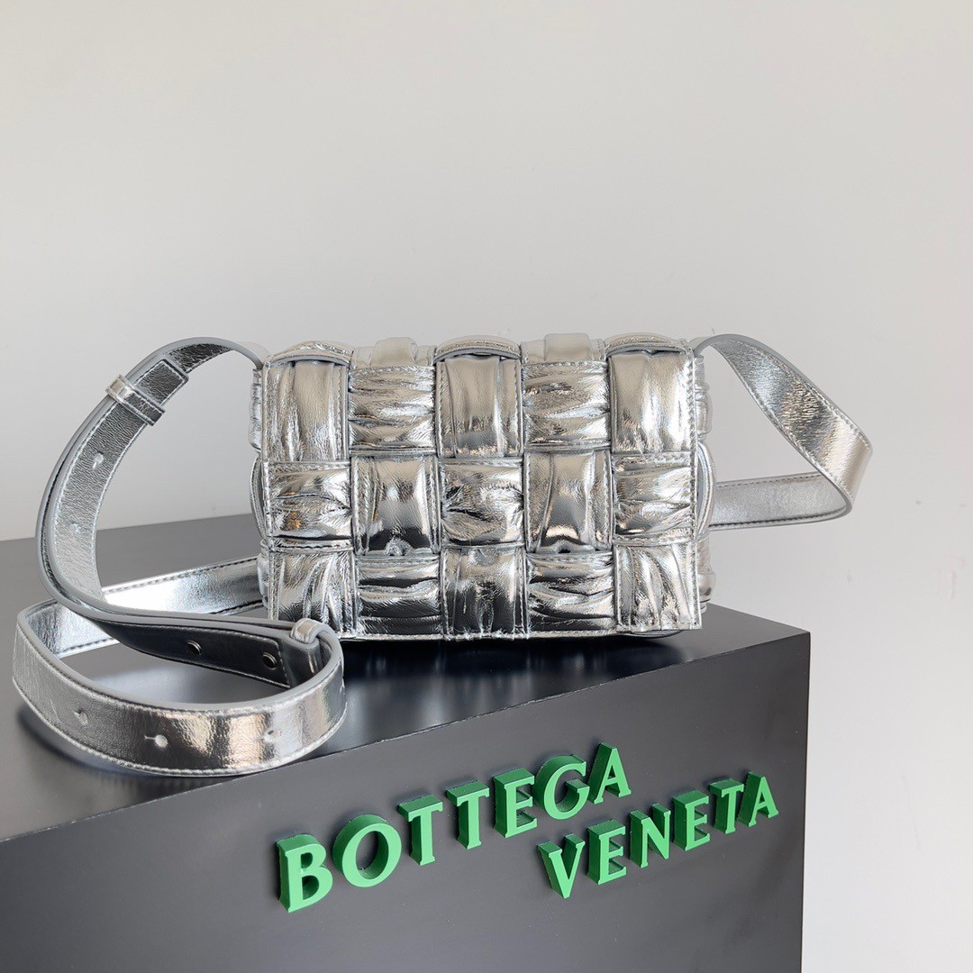 bo*te*ga Ve*ne*ta small cassette bag in silver metallic lambskin