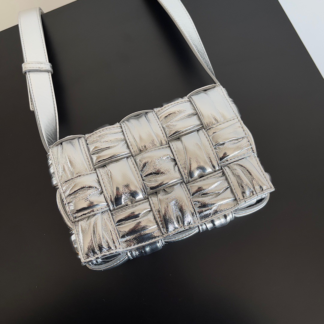 bo*te*ga Ve*ne*ta small cassette bag in silver metallic lambskin