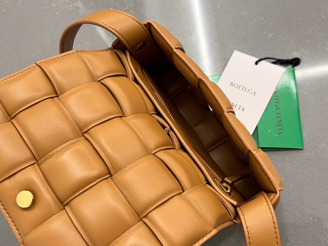 bo*te*ga Ve*ne*ta small padded cassette bag in camel lambskin