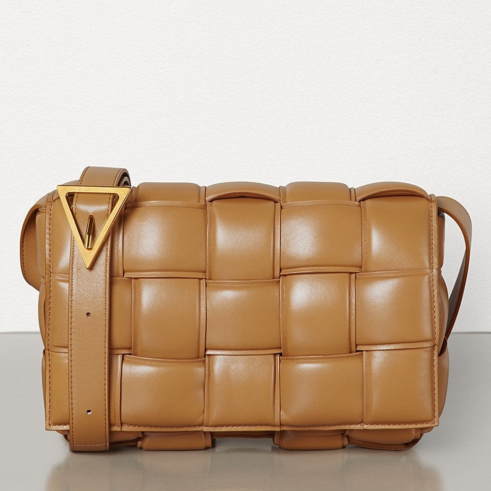 bo*te*ga Ve*ne*ta padded cassette bag in caramel calfskin