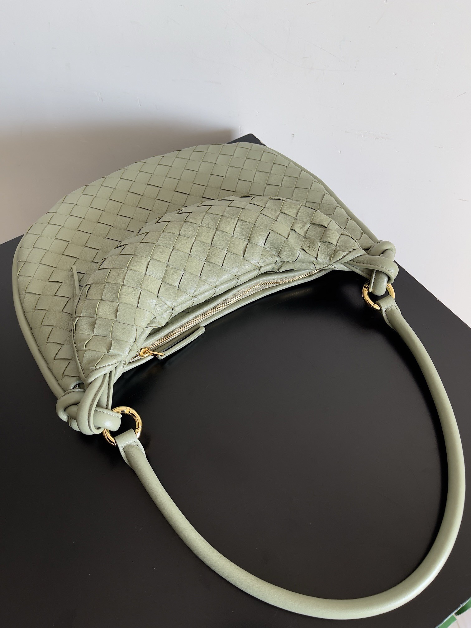 bo*te*ga Ve*ne*ta gemelli medium bag in travertine intrecciato lambskin