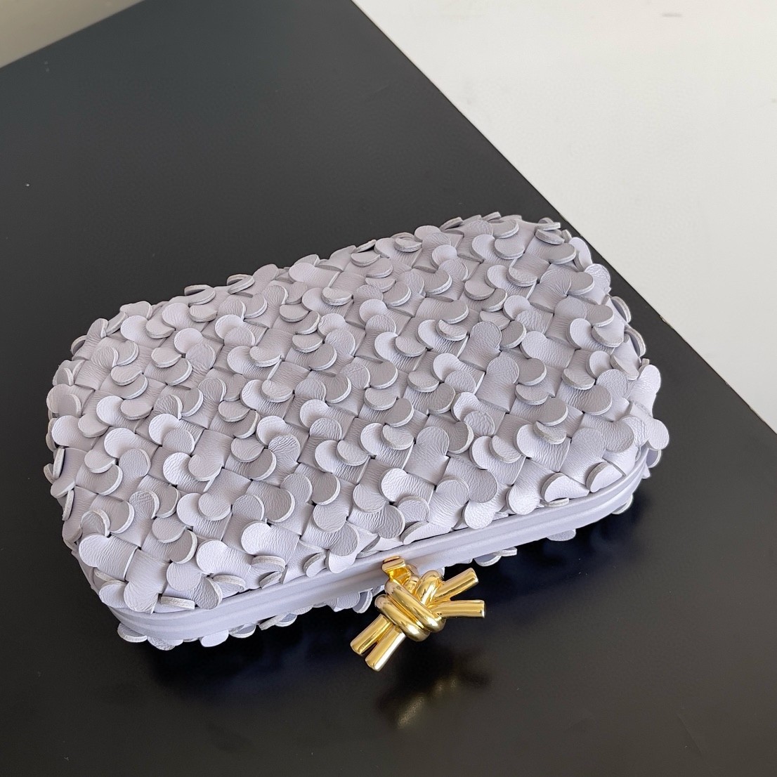 bo*te*ga Ve*ne*ta knot minaudiere clutch in oyster sequins lambskin