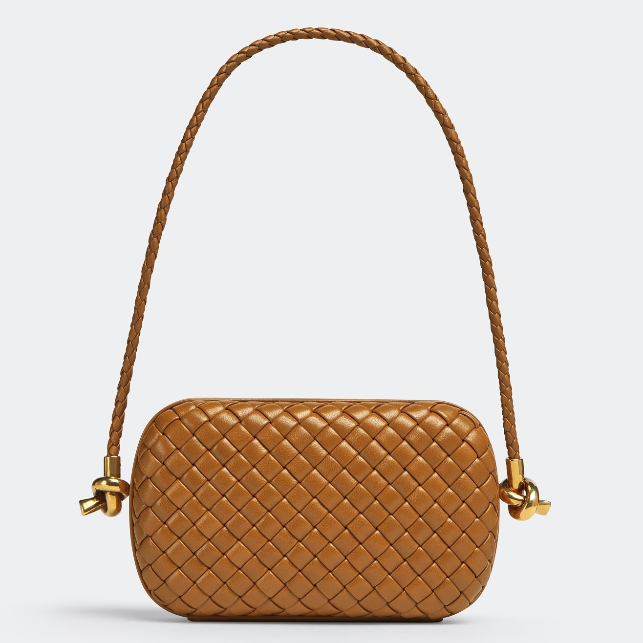 bo*te*ga Ve*ne*ta knot minaudiere on strap in camel intreccio lambskin