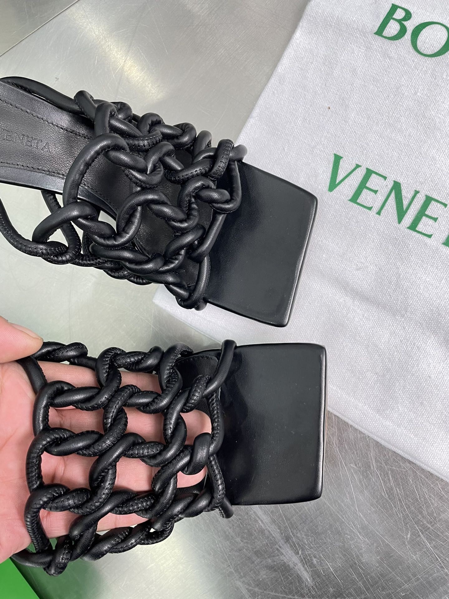 bo*te*ga Ve*ne*ta stretch twist sandals in black lambskin