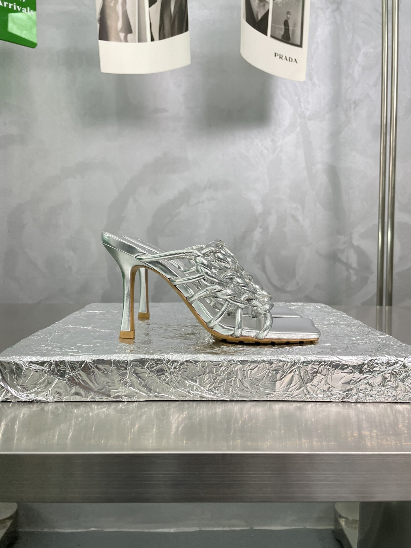 bo*te*ga Ve*ne*ta stretch twist sandals in silver metallic lambskin