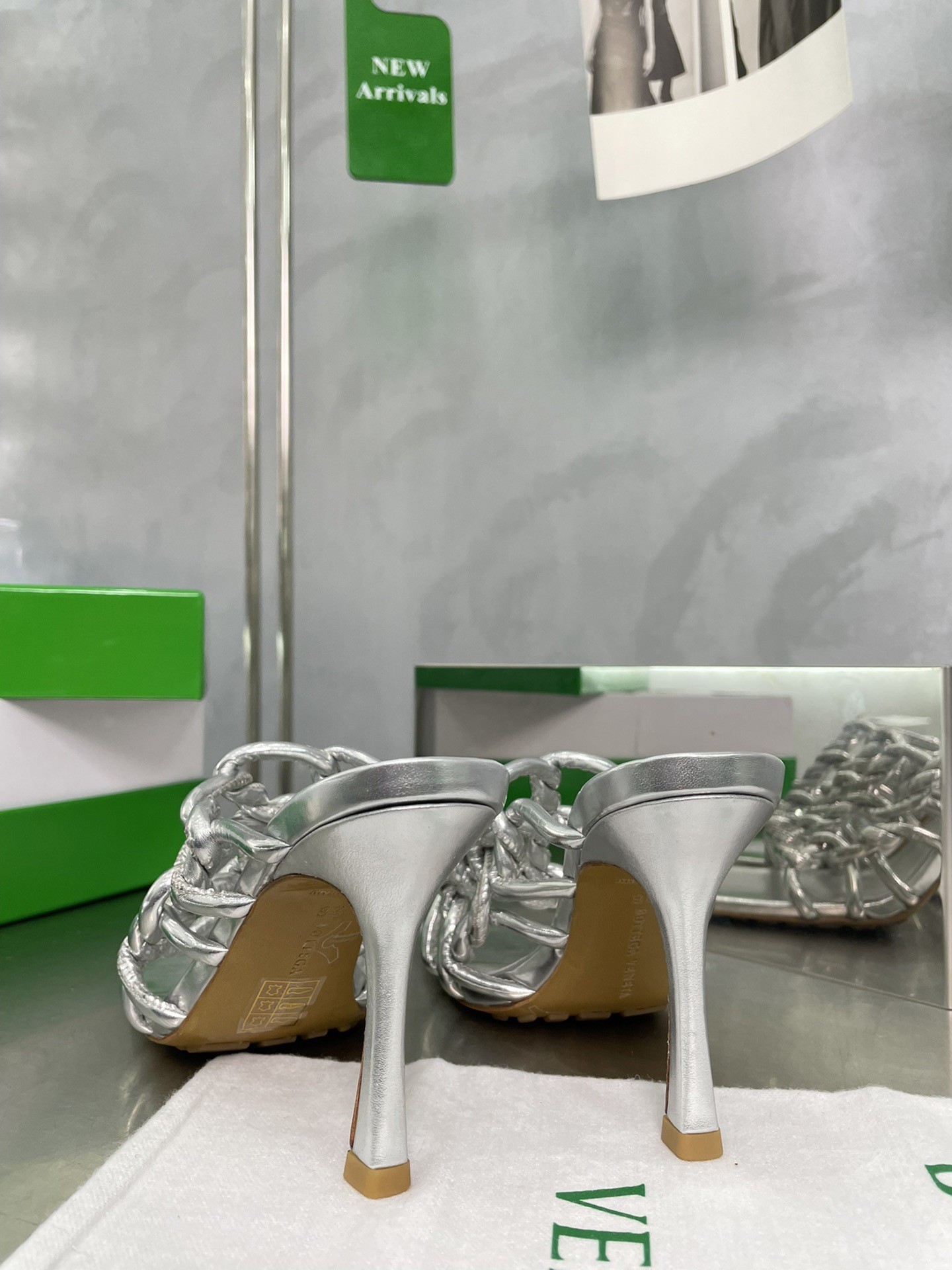 bo*te*ga Ve*ne*ta stretch twist sandals in silver metallic lambskin