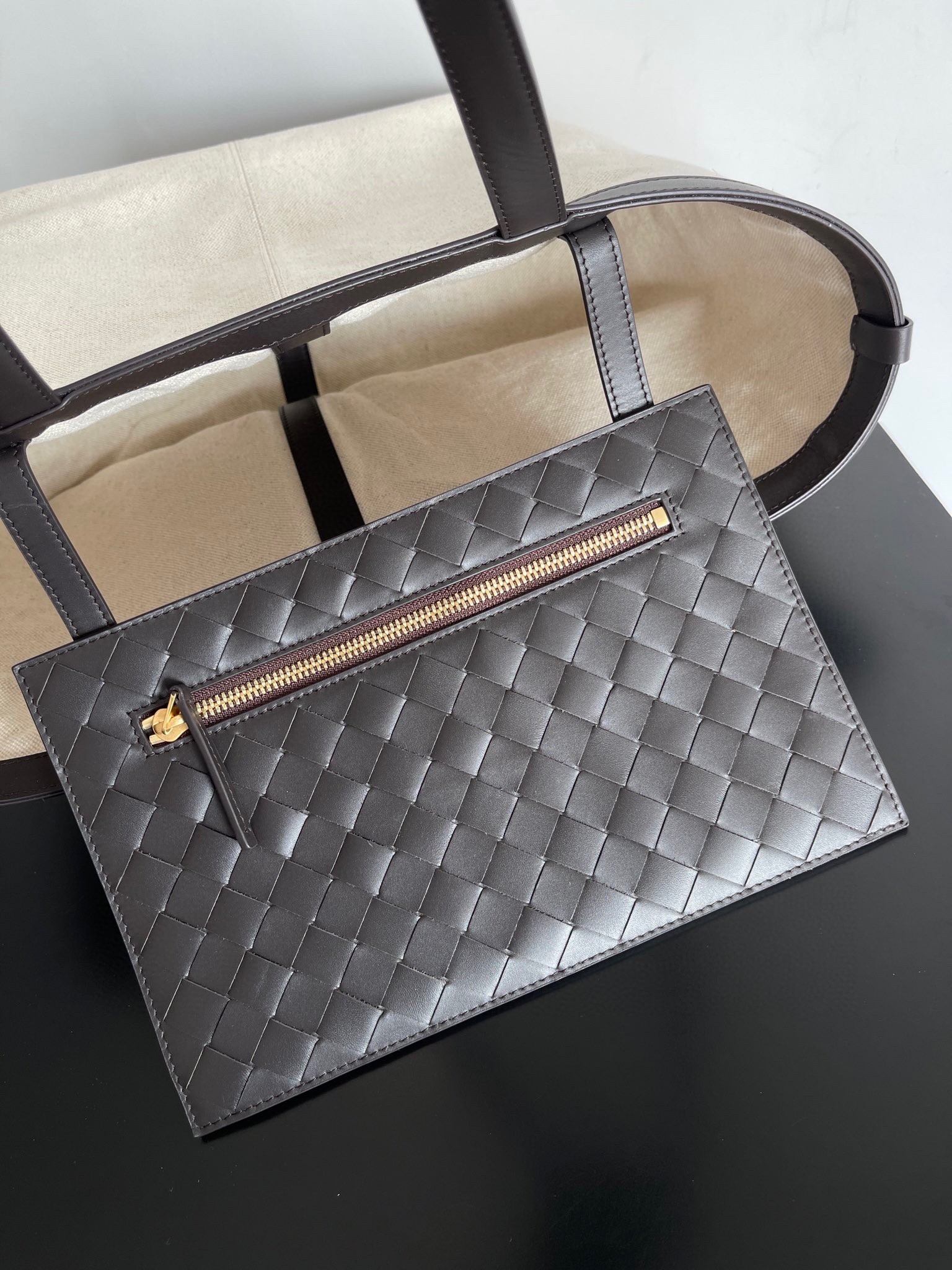 bo*te*ga Ve*ne*ta medium flip flap bag in canvas with fondant leather