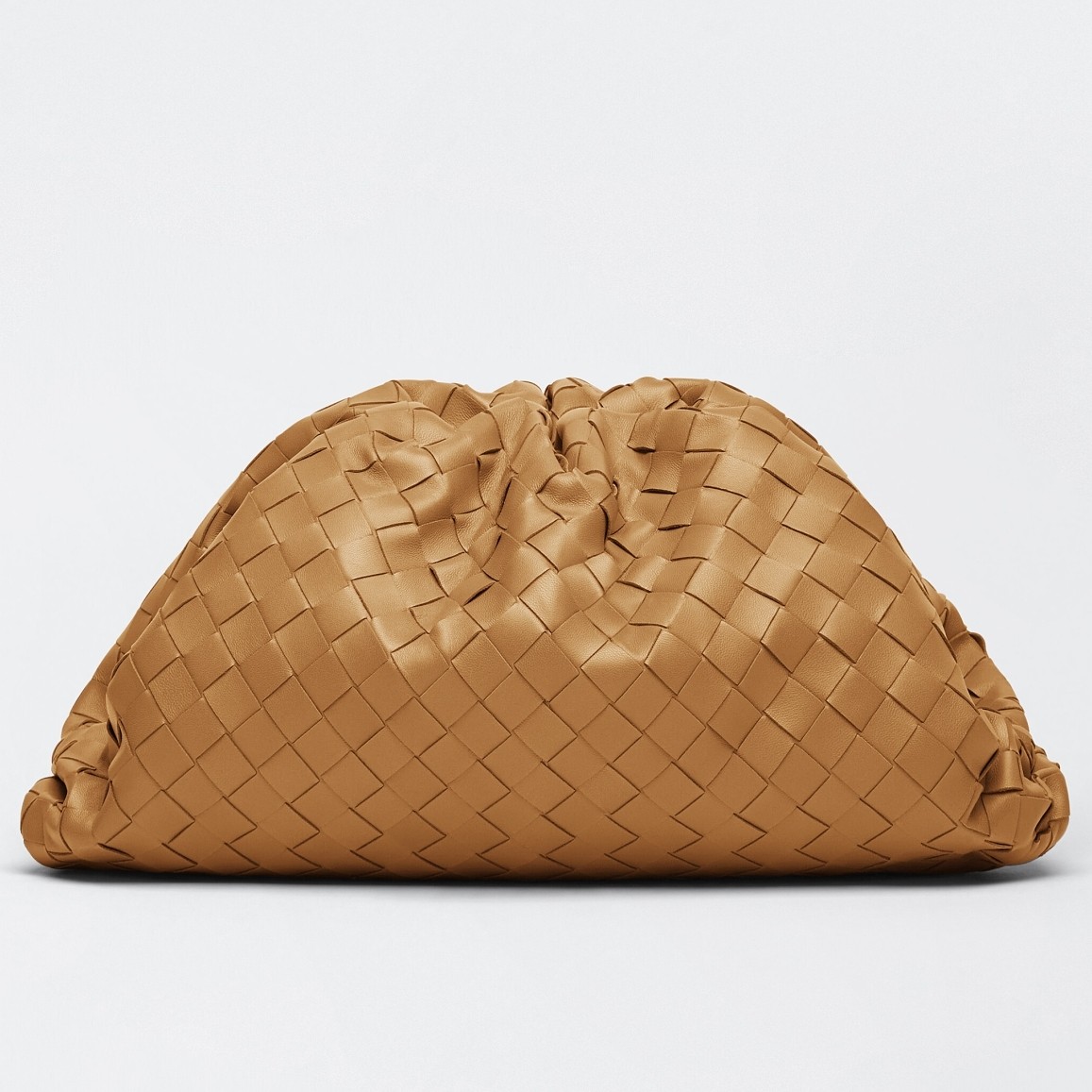 bo*te*ga Ve*ne*ta large pouch clutch in caramel intrecciato lambskin