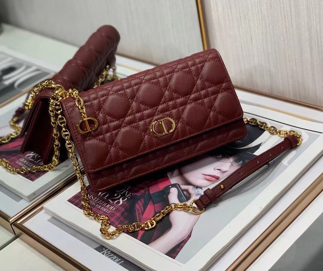 D*or caro belt pouch with chain in bordeaux calfskin