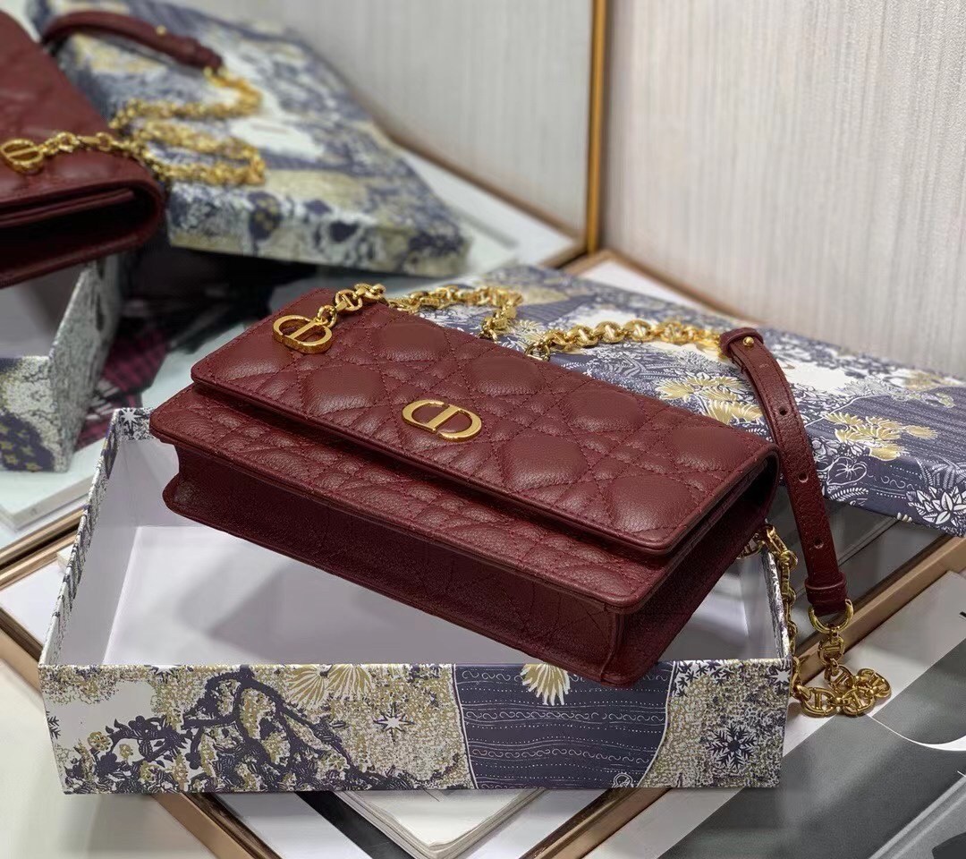 D*or caro belt pouch with chain in bordeaux calfskin
