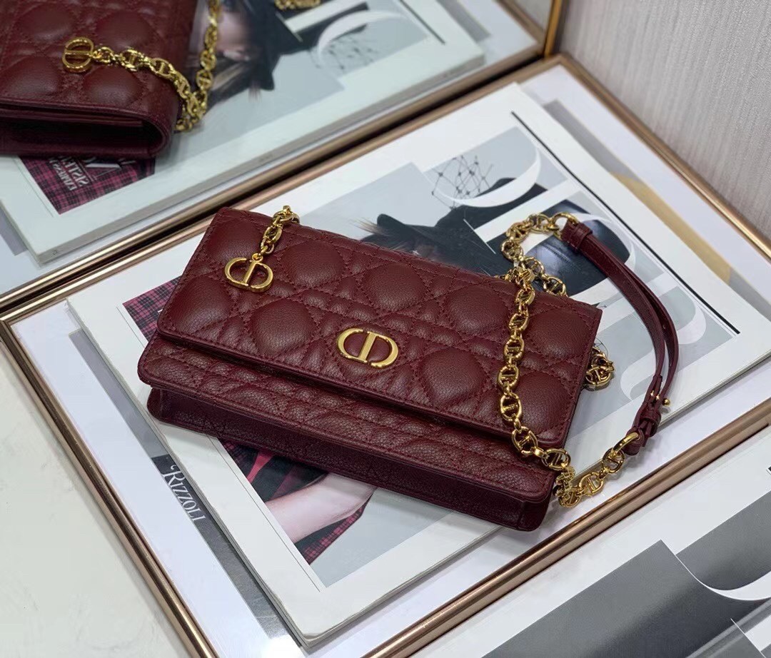 D*or caro belt pouch with chain in bordeaux calfskin