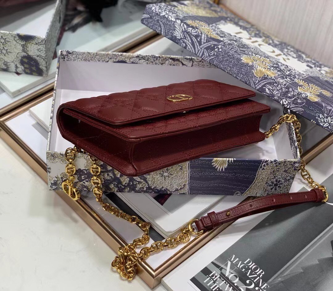 D*or caro belt pouch with chain in bordeaux calfskin