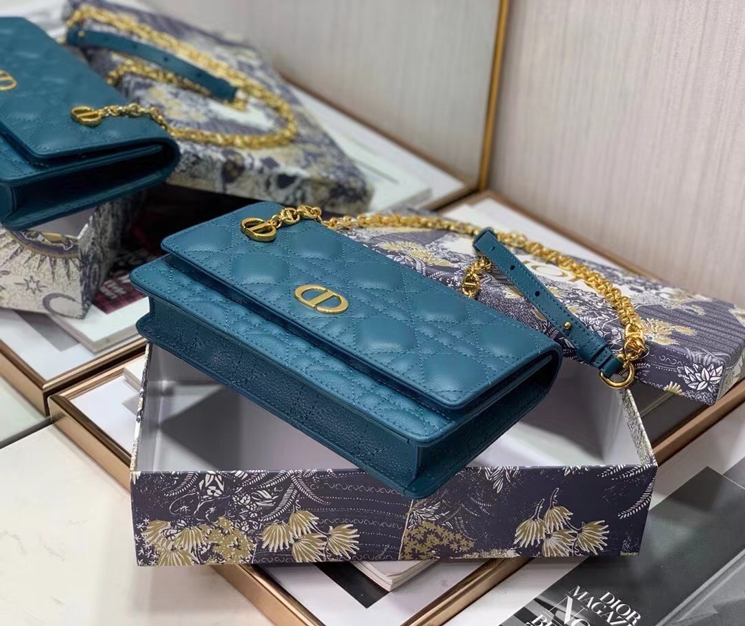 D*or caro belt pouch with chain in steel blue calfskin