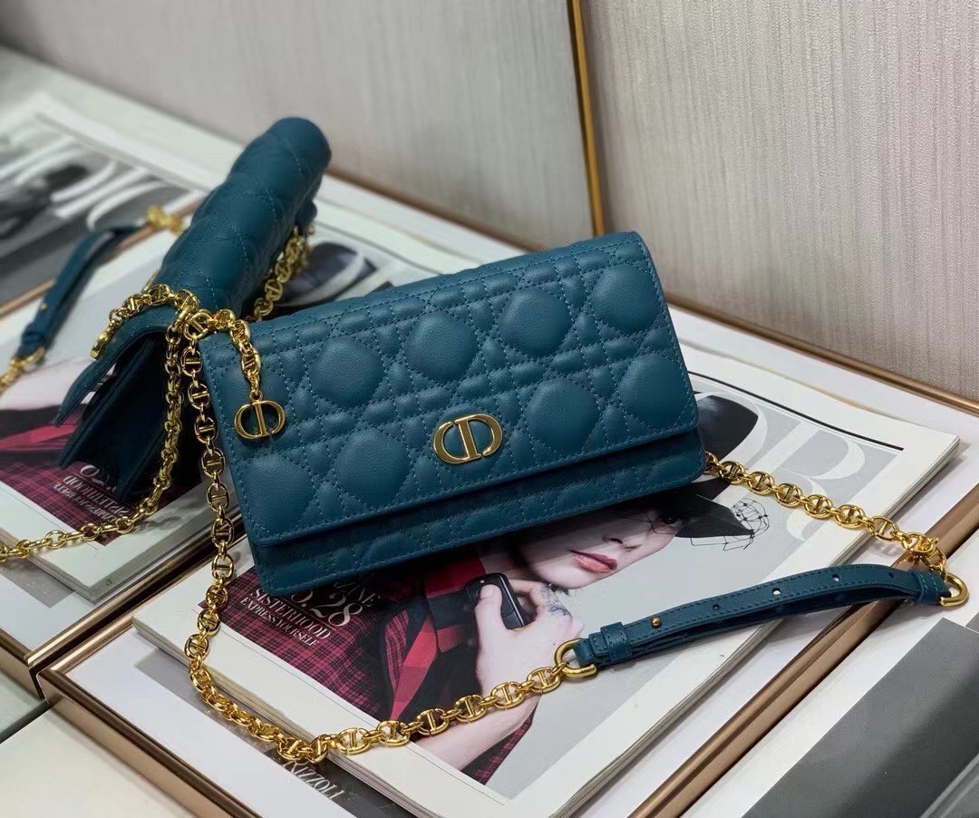 D*or caro belt pouch with chain in steel blue calfskin