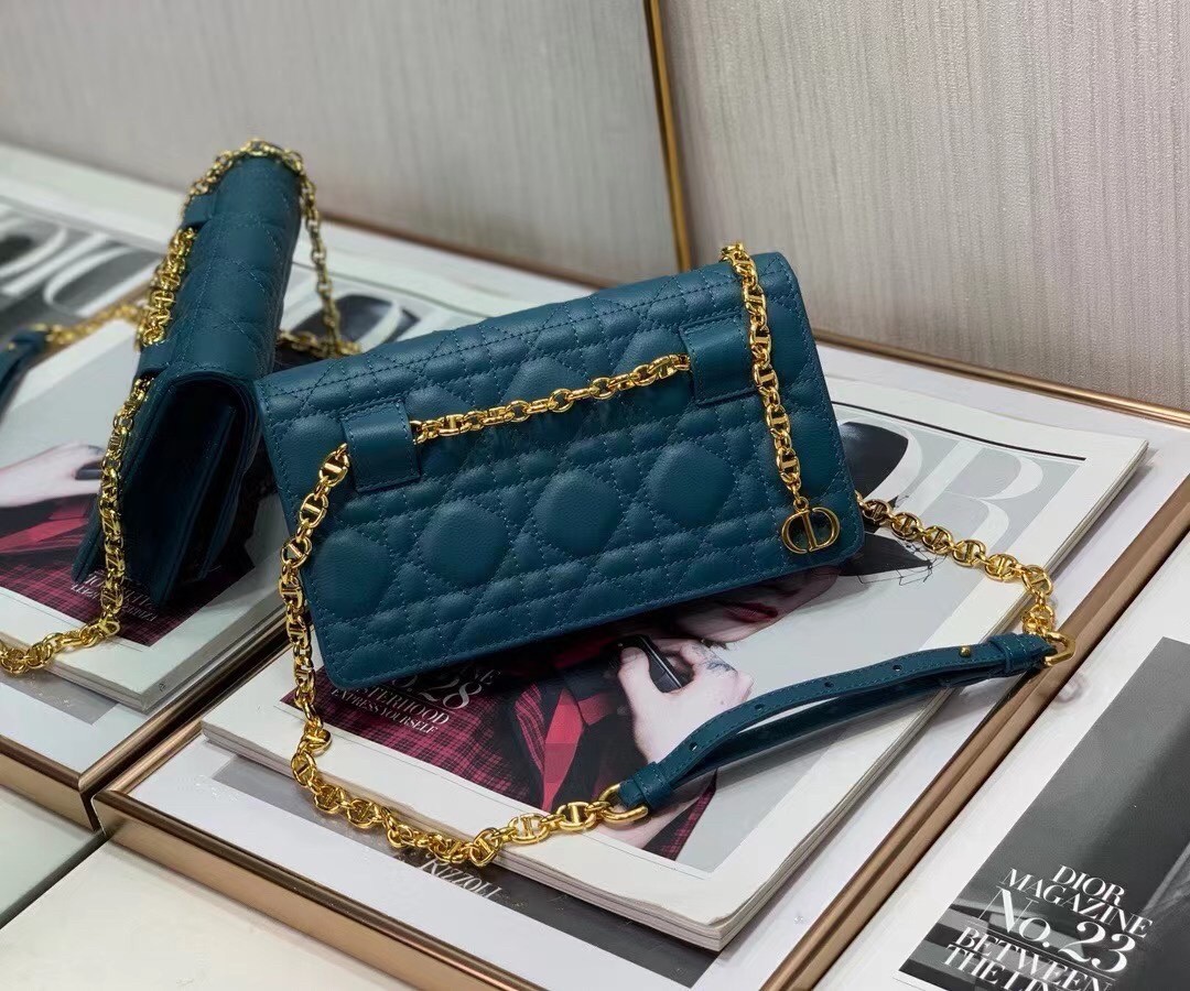 D*or caro belt pouch with chain in steel blue calfskin