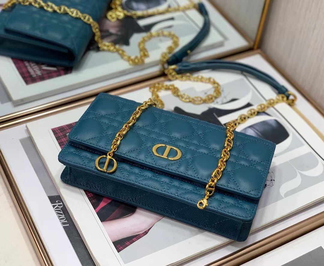 D*or caro belt pouch with chain in steel blue calfskin