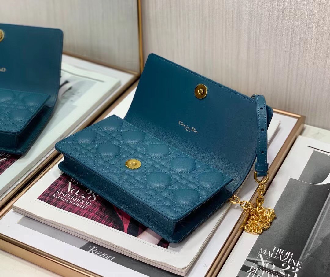 D*or caro belt pouch with chain in steel blue calfskin