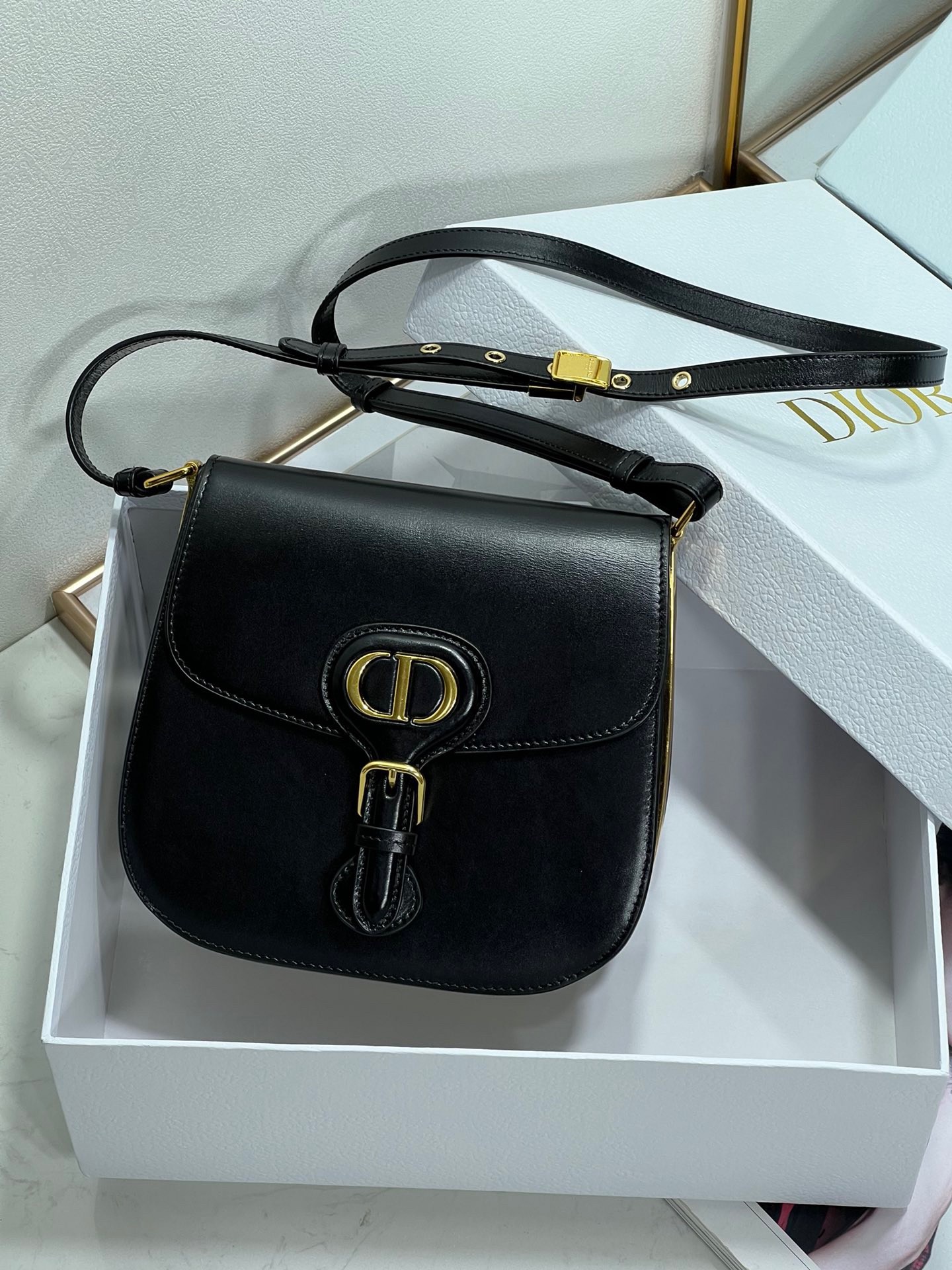 D*or bobby frame bag in black box calfskin