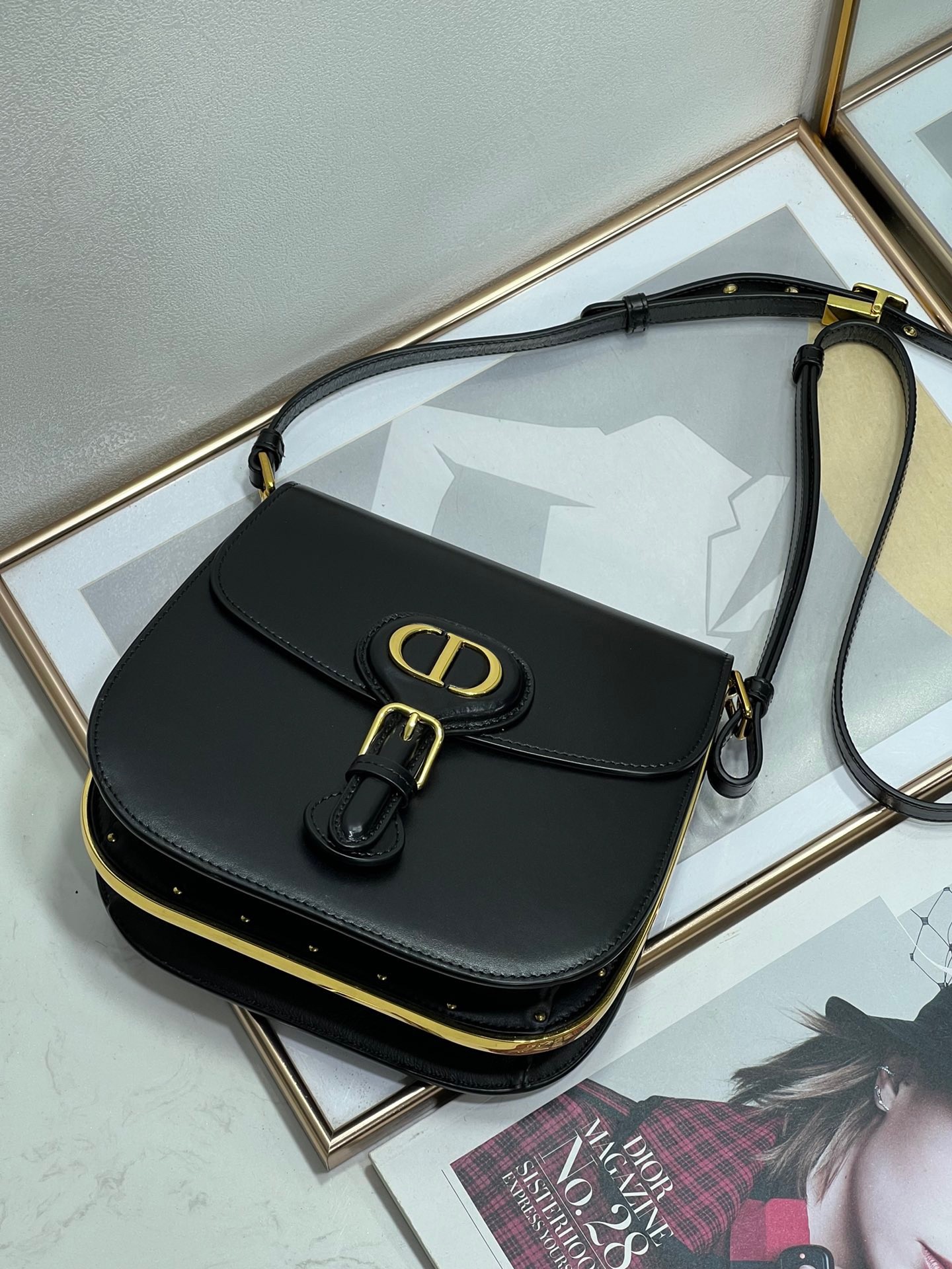 D*or bobby frame bag in black box calfskin